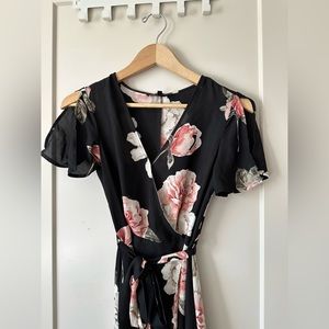 Black floral wrap dress